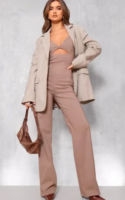 Taupe Stretch Woven Strappy Cut Out Detail Straight Leg Jumpsuit