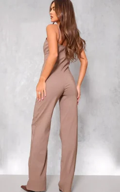 Taupe Stretch Woven Strappy Cut Out Detail Straight Leg Jumpsuit