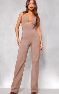 Taupe Stretch Woven Strappy Cut Out Detail Straight Leg Jumpsuit