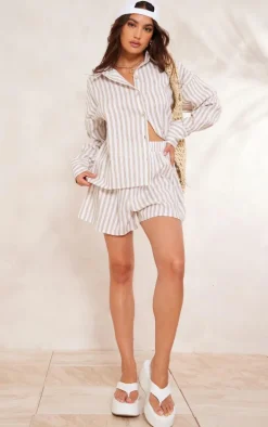 Taupe Stripe Cotton Elasticated Floaty Shorts