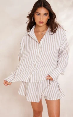 Taupe Stripe Cotton Elasticated Floaty Shorts