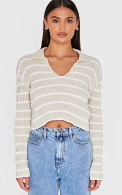Taupe Stripe Rib Knit V Neck Cropped Polo