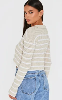 Taupe Stripe Rib Knit V Neck Cropped Polo