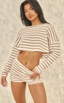 Taupe Stripe Textured Rib Oversized Crop Top