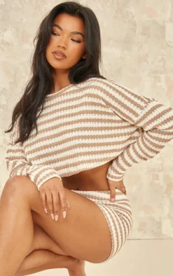 Taupe Stripe Textured Rib Oversized Crop Top