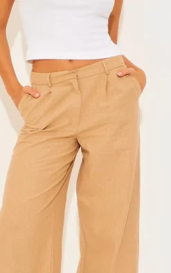 Taupe Structured Linen Look Tailored Wide Leg Pants