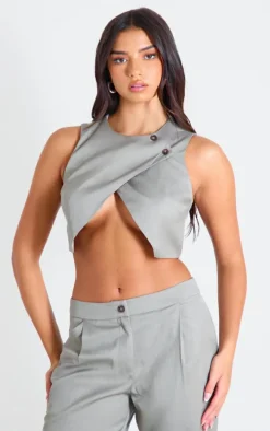Taupe Tailored Asymmetric Button Vest