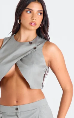 Taupe Tailored Asymmetric Button Vest