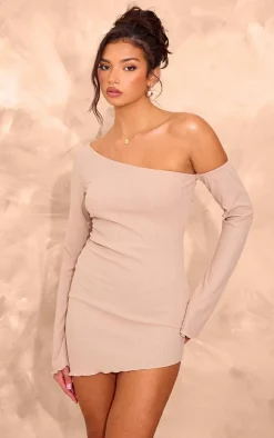 Taupe Textured Asymmetric One Sleeve Mini Dress