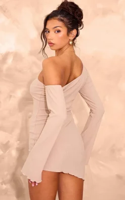 Taupe Textured Asymmetric One Sleeve Mini Dress