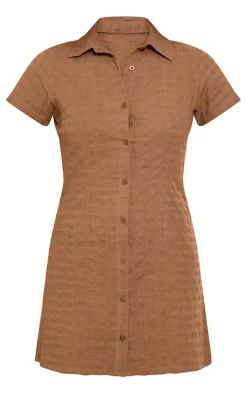 Taupe Textured Cap Sleeve Shirt Dress
