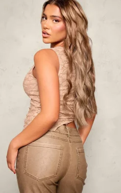 Taupe Textured Distressed Asymmetric Hem Crop Top