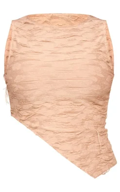 Taupe Textured Distressed Asymmetric Hem Crop Top