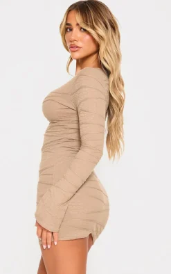 Taupe Textured Flared Sleeve Shift Dress