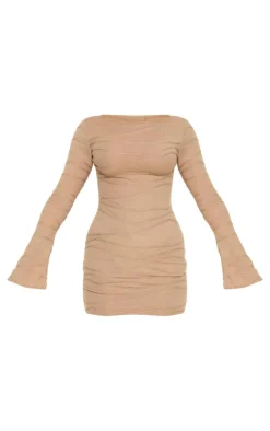 Taupe Textured Flared Sleeve Shift Dress