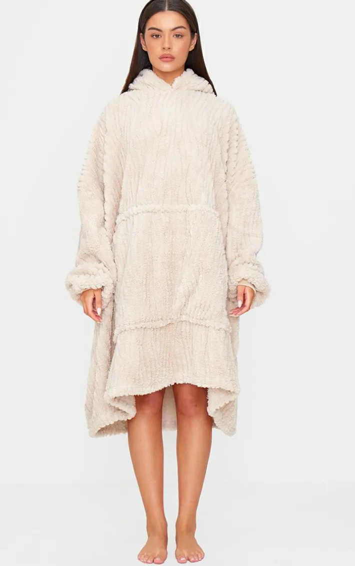 Taupe Textured Fleece Stripe Hooded Blanket