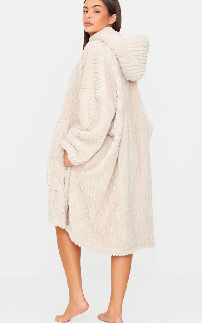 Taupe Textured Fleece Stripe Hooded Blanket