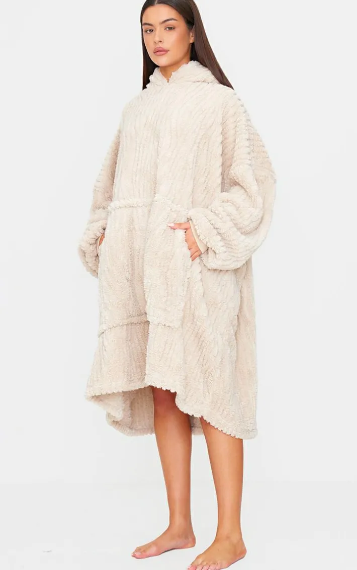 Taupe Textured Fleece Stripe Hooded Blanket