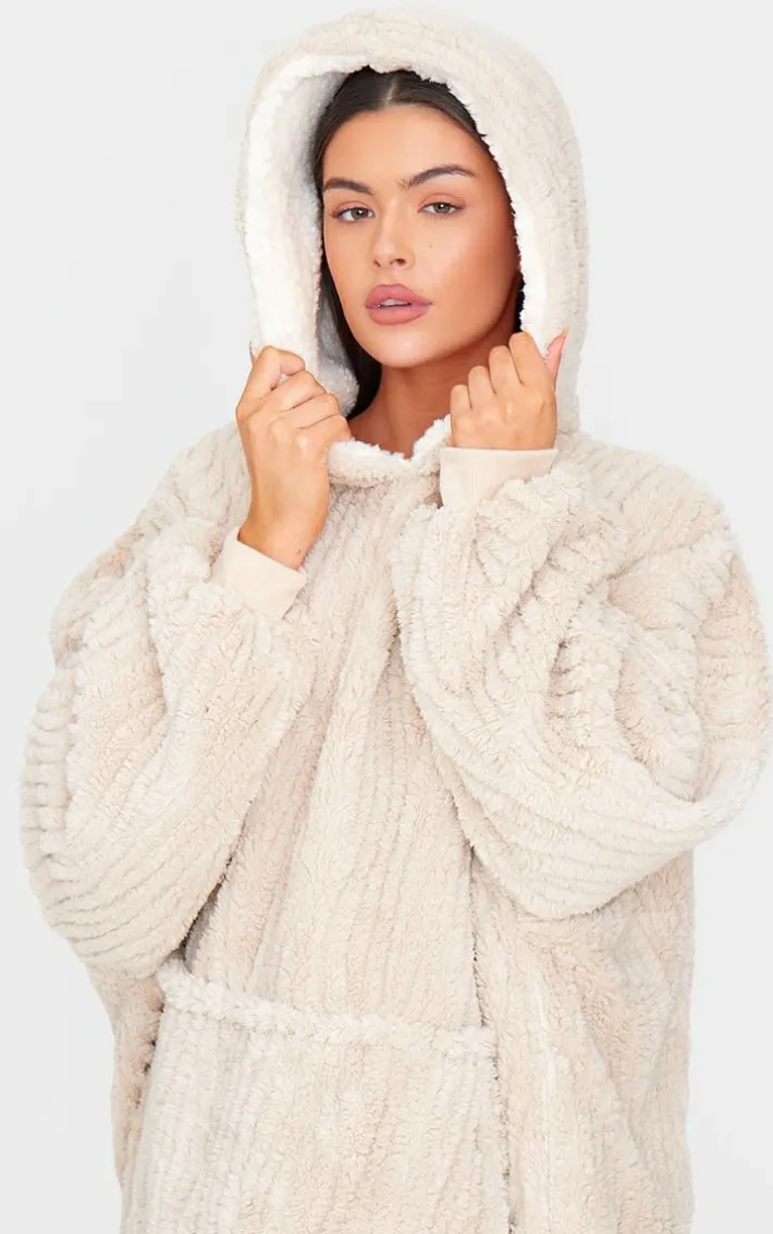 Taupe Textured Fleece Stripe Hooded Blanket