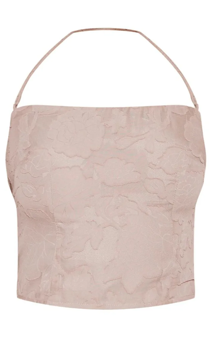 Taupe Textured Halterneck Crop Top