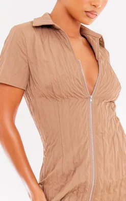 Taupe Textured Pattern Zip Up Short Sleeve Bodycon Dress