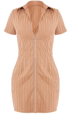 Taupe Textured Pattern Zip Up Short Sleeve Bodycon Dress