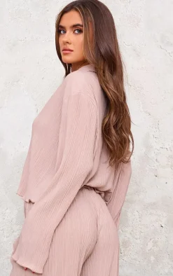 Taupe Textured Pleated Button Front Shirt