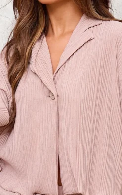 Taupe Textured Pleated Button Front Shirt