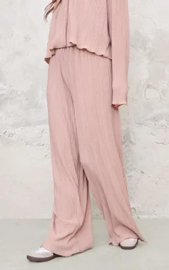 Taupe Textured Pleated Wide Leg Pants