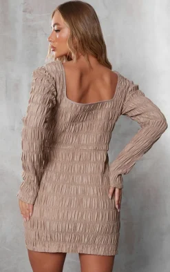Taupe Textured Ruched Underwired Corset Bodycon Dress