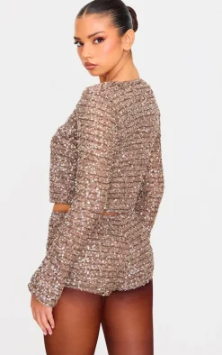 Taupe Textured Sequin Tie Top