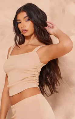 Taupe Textured Square Neck Long Top