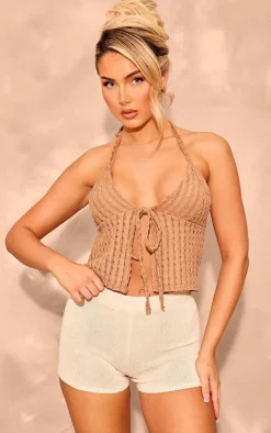 Taupe Textured Tie Neck Split Hem Top