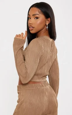 Taupe Textured Twist Front Long Sleeve Top