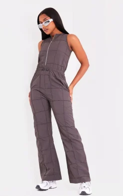 Taupe Textured Zip Up Toggle Jumpsuit