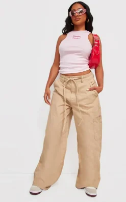 Taupe Tie Waistband Detail Wide Leg Jeans