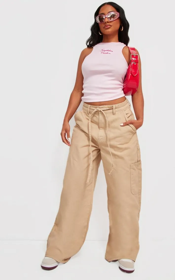 Taupe Tie Waistband Detail Wide Leg Jeans