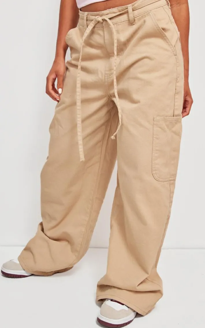 Taupe Tie Waistband Detail Wide Leg Jeans