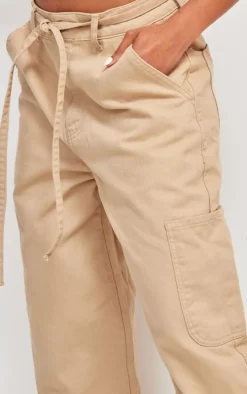 Taupe Tie Waistband Detail Wide Leg Jeans