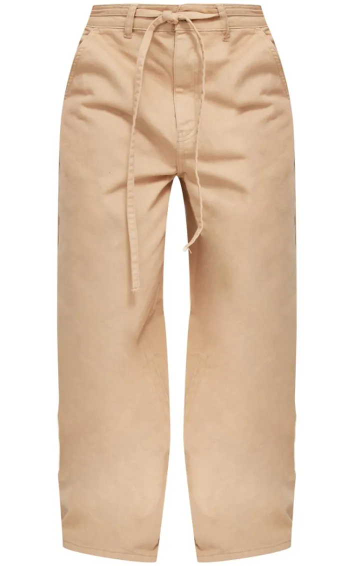 Taupe Tie Waistband Detail Wide Leg Jeans