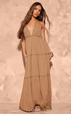 Taupe Tiered Halterneck Maxi Dress