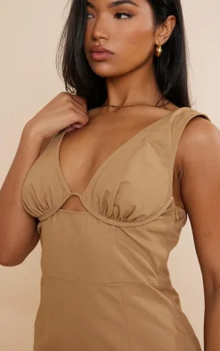Taupe Twill Underbust Plunge Midaxi Dress