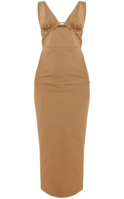 Taupe Twill Underbust Plunge Midaxi Dress