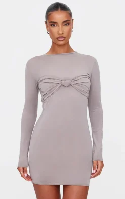 Taupe Twist Bandeau Detail Long Sleeve Mini Bodycon Dress