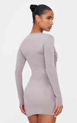 Taupe Twist Bandeau Detail Long Sleeve Mini Bodycon Dress