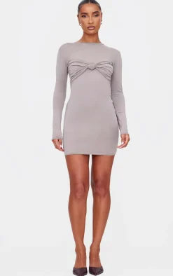 Taupe Twist Bandeau Detail Long Sleeve Mini Bodycon Dress