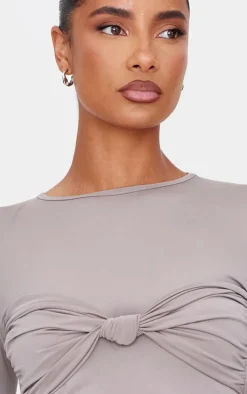 Taupe Twist Bandeau Detail Long Sleeve Mini Bodycon Dress
