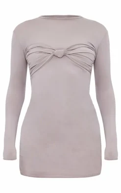 Taupe Twist Bandeau Detail Long Sleeve Mini Bodycon Dress
