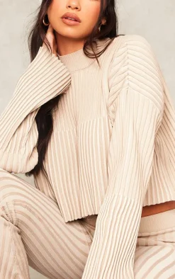 Taupe Two Tone Thick Rib Knit Open Back High Neck Sweater