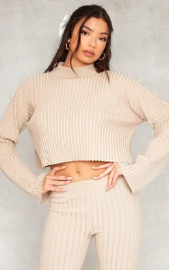 Taupe Two Tone Thick Rib Knit Open Back High Neck Sweater